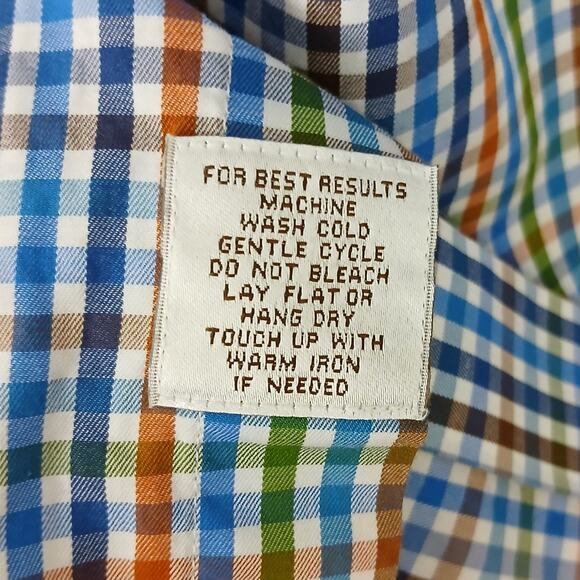 Peter Millar SZ L 100% Cotton Blue Orange Green White Check Button Down Shirt - Picture 5 of 7